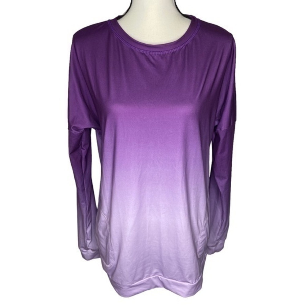 Purple Ombre Shirt Long Sleeve Top with Pockets Size Large Stretchy
